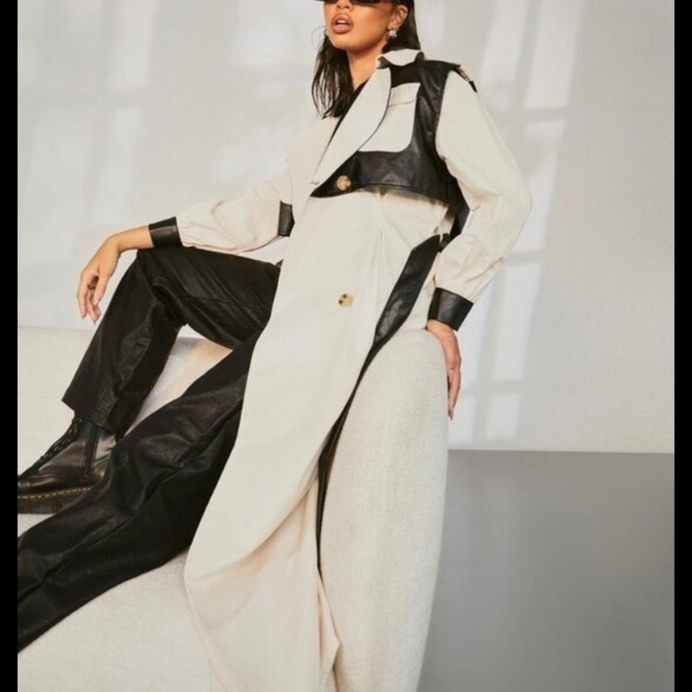 Faux Leather Trim Belted Trench Coat